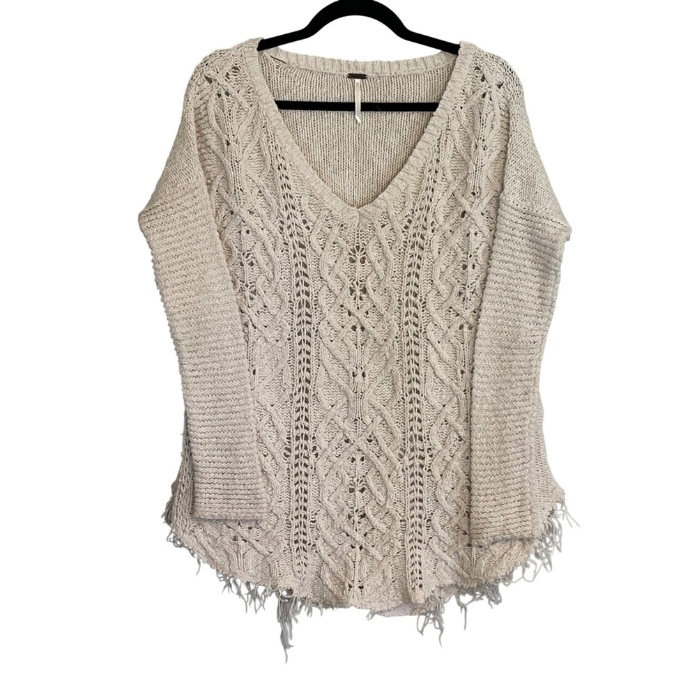 Free People Cream Cable Knit V-Neck Fringed Hem Oversized Sweater Boho Beige
